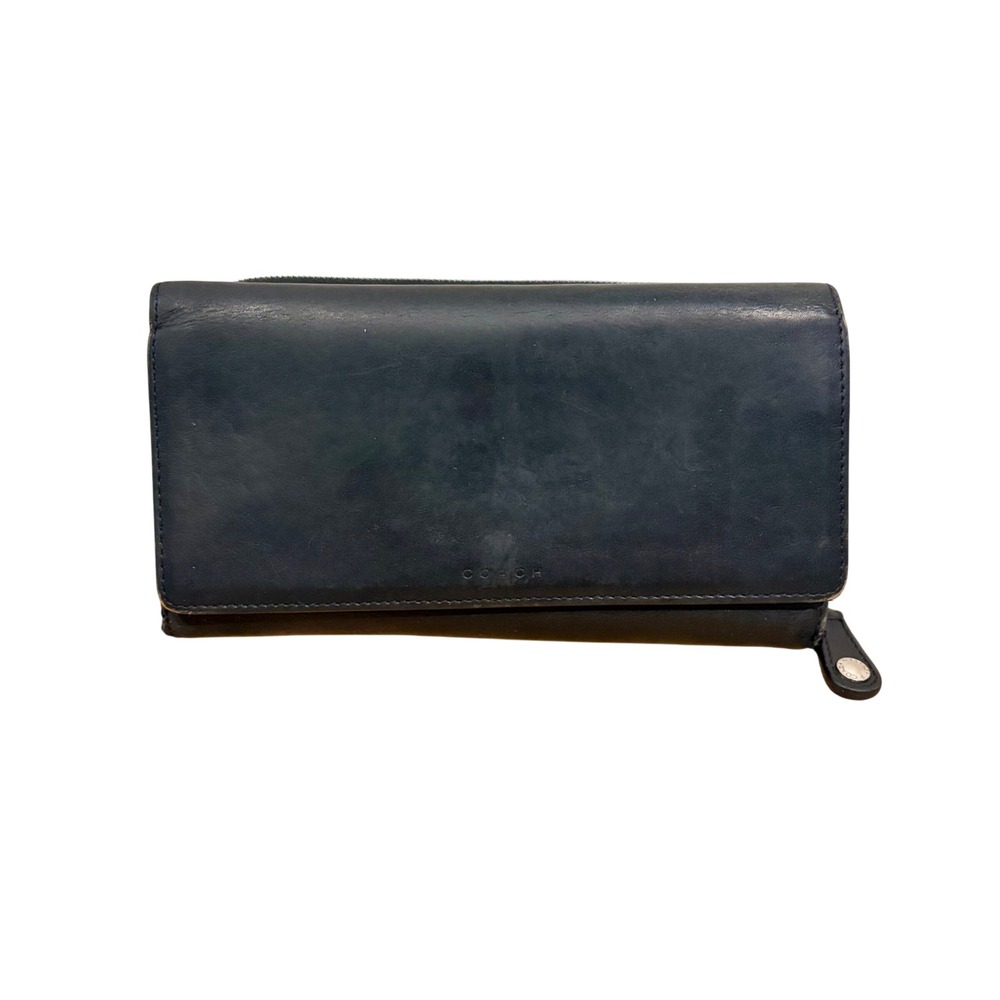 Coach vintage 90's Black Leather Slim Envelope Wallet Zipper Pocket ID Window